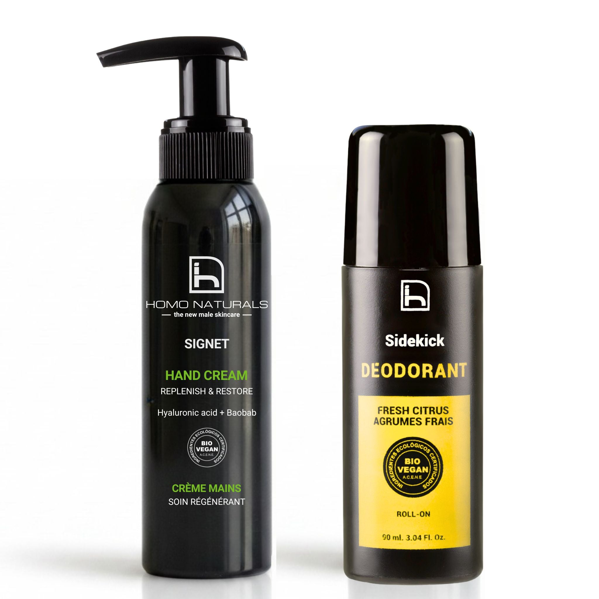 Kit de cuidado personal para hombre de Homo Naturals con desodorante natural Sidekick Fresh Citrus y crema de manos Signet para una rutina diaria de higiene e hidratación.