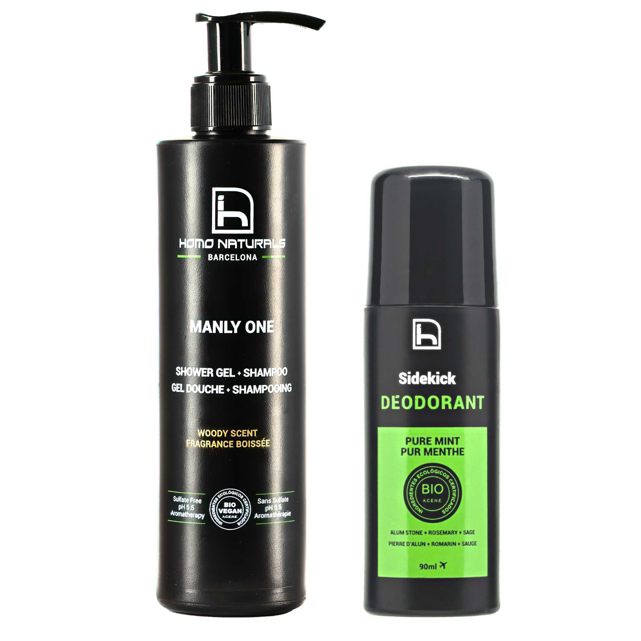 Desodorante natural sin aluminio y gel de ducha sin sulfatos para hombre. Cosmética natural masculina.