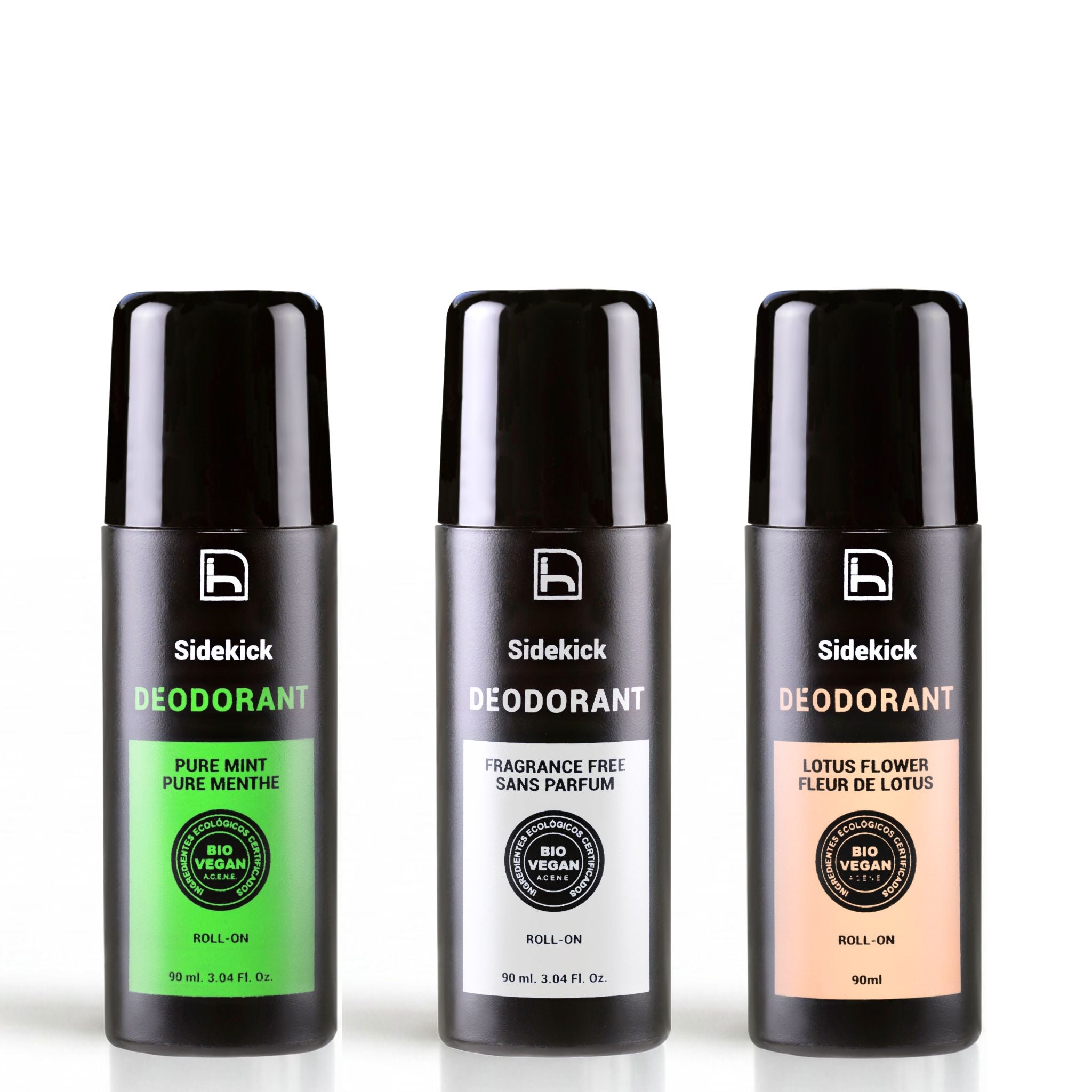 Kit de 3 desodorantes naturales para hombre de la marca Homo Naturals. Roll-on, sin aluminio y sin alcohol. Bio + Vegan. Gran formato de 90 ml. Eficaz fórmula antibacteriana.