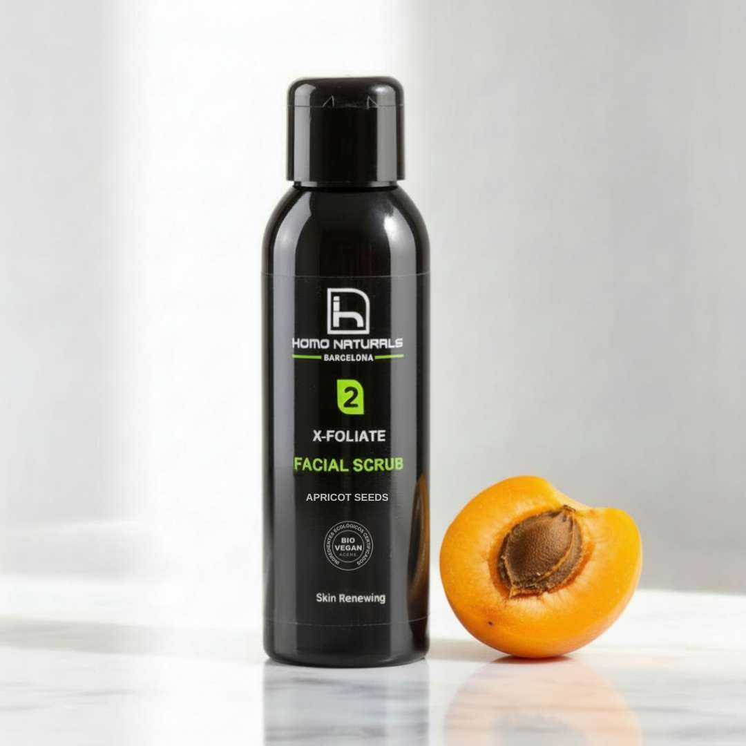 Exfoliante facial + corporal para hombre. Sin sulfatos. Natural. Con hueso de albaricoque. Ecológico y vegano. Sin microplásticos.