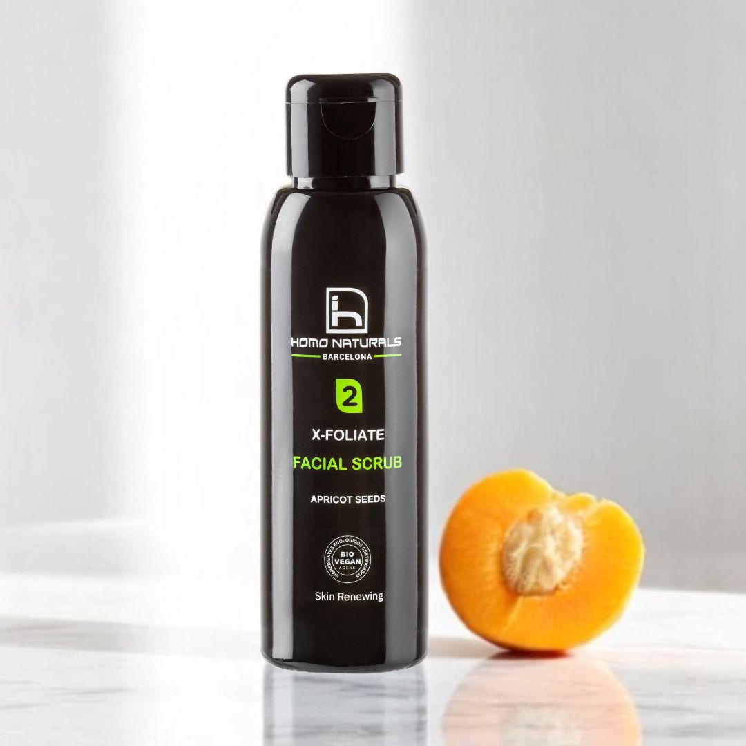 Exfoliante facial + corporal para hombre. Sin sulfatos. Natural. Con hueso de albaricoque. Ecológico y vegano. Sin microplásticos.