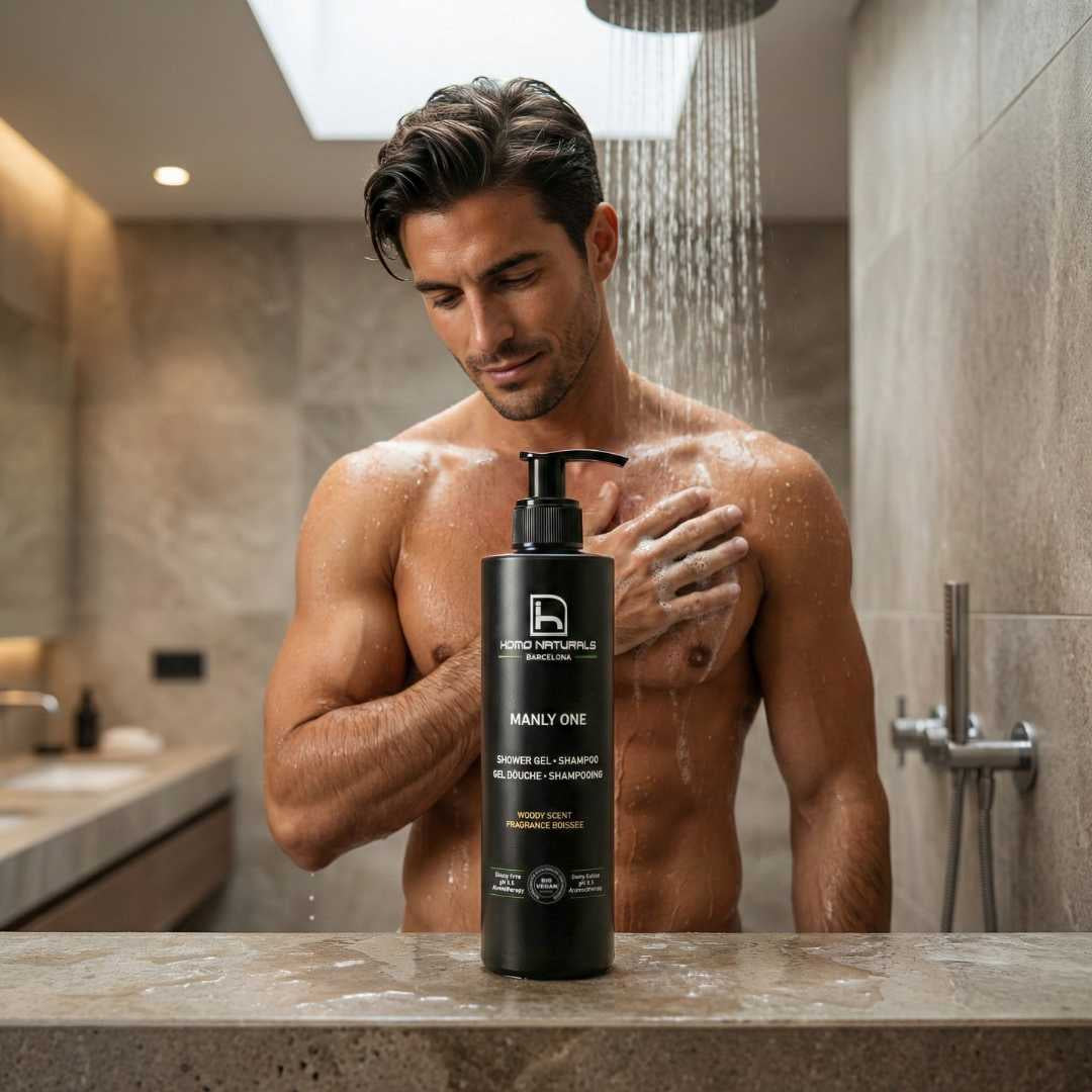 Gel de ducha para hombre. Natural, ecológico y vegano. Sin sulfatos y sin parabenos. Gel de ducha + champú 2-en-1.
