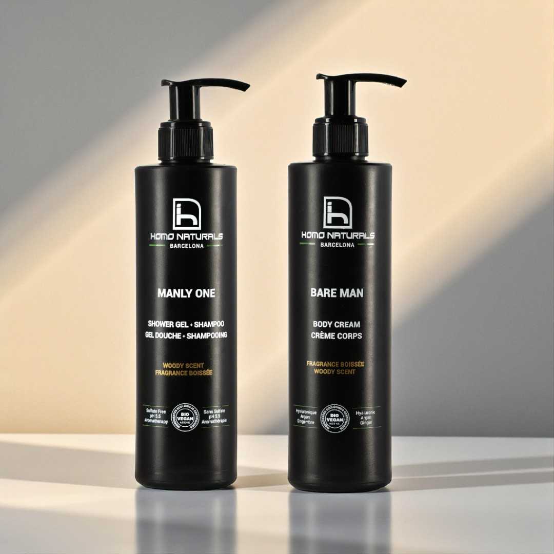 Gel de ducha sin sulfatos y crema corporal para hombre