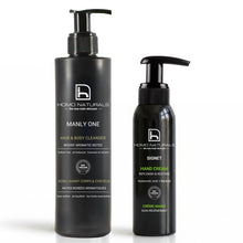 Kit compusto por gel de ducha y crema de manos para hombre. Ideal para regalar. Productos naturales para el cuidado de la piel del hombre. Presentación premium. Certificación bio + vegan.