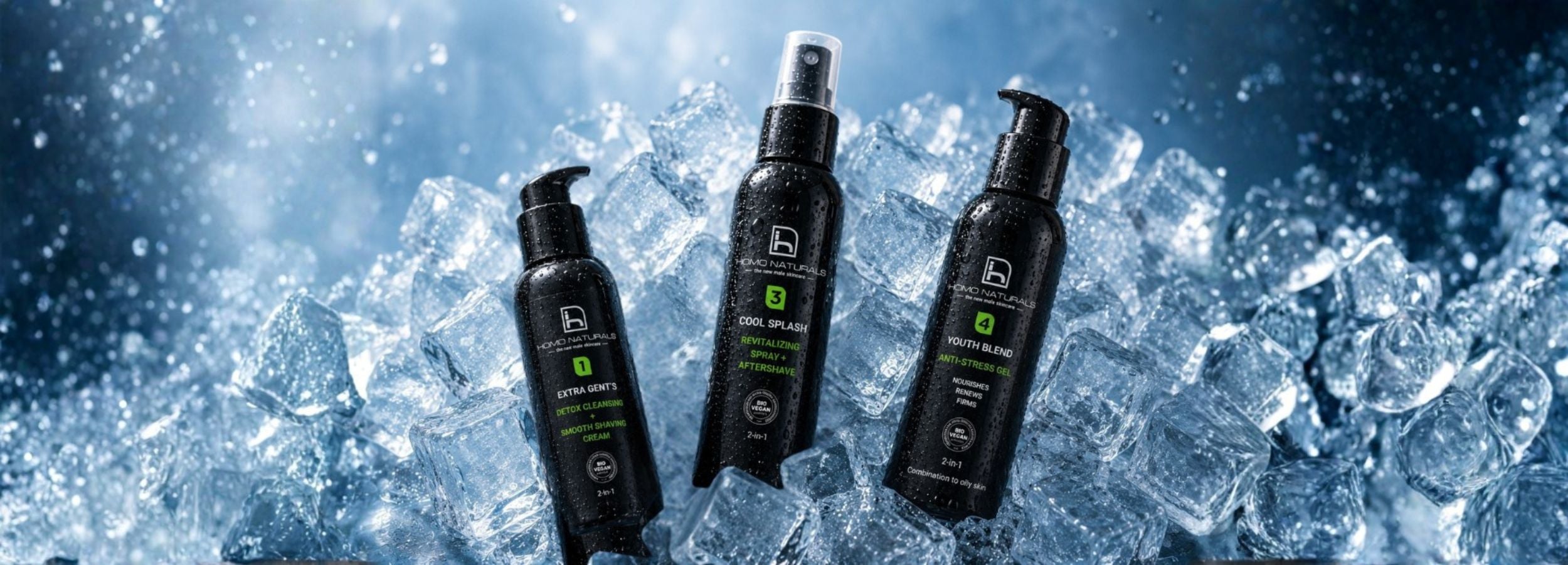 Foto del kit de cuidado facial de Homo Naturals con 3 productos: limpiador facial, tónico revitalizante en spray y gel/crema antiedad. Productos naturales formulados para el cuidado de la piel del hombre. 