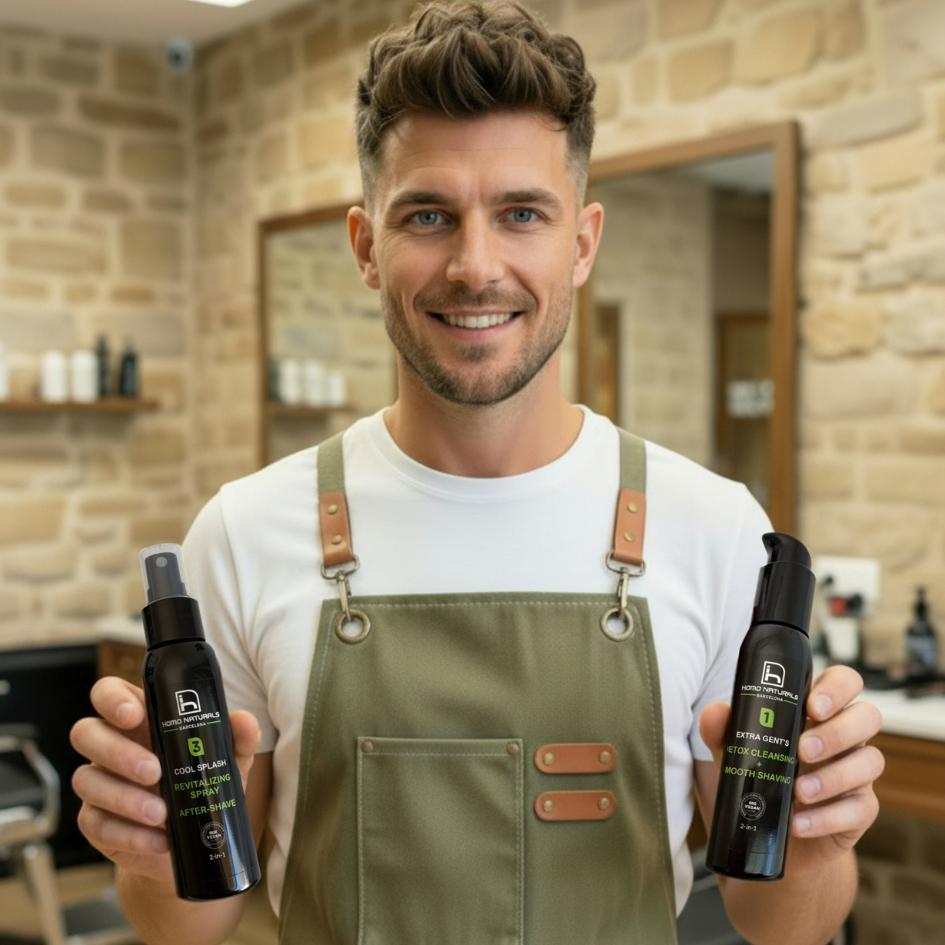 Productos naturales de afeitado para hombre con crema de afeitado sin sulfatos y after shave sin alcohol, ideales para un afeitado suave, sin irritaciones y respetuoso con la piel del hombre.