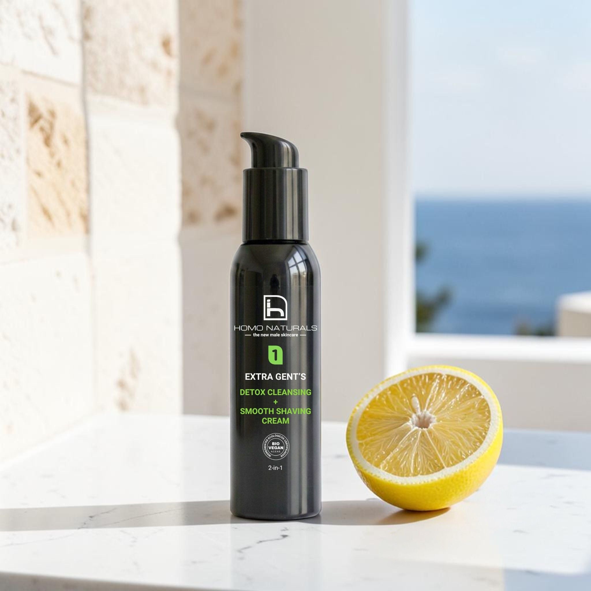 Limpiador facial y crema de afeitado natural 2 en 1 Extra Gent's de Homo Naturals, con fórmula Bio Vegan y pH 5 para el cuidado de la piel del hombre. Producto con certificación ecológica y vegana.