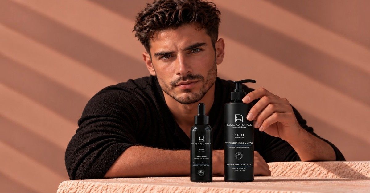 Hombre mostrando dos productos de la marca Homo Naturals, especialistas en el cuidado natural de la piel y del cabello del hombre. Productos de alto rendimiento adaptados a las necesidades de la piel del hombre, y fórmulas con certificación ecológica y vegana. 