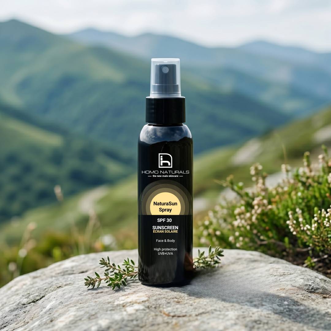 Protector solar en spray sin rastro blanco. Facial y corporal. Con ingredientes naturales y ecológicos.