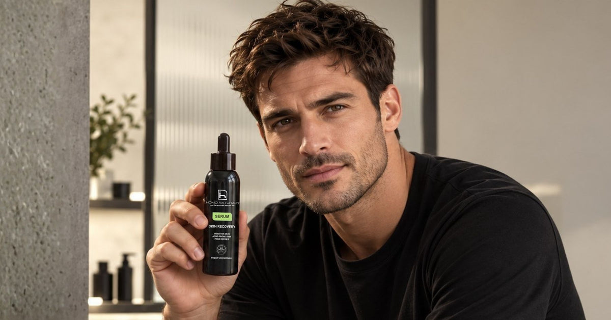 Hombre sosteniendo un producto de skincare para hombre de la marca Homo Naturals, cosmética masculina natural.