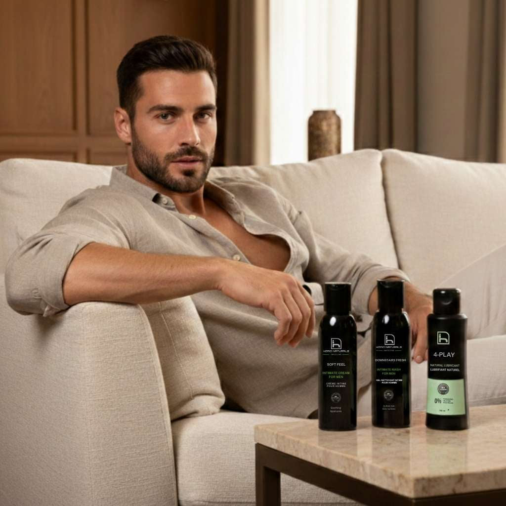 Kit de cuidado íntimo para hombre con jabón íntimo natural, crema íntima hidratante y lubricante natural para la higiene y el bienestar íntimo masculino