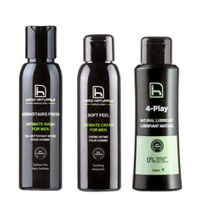 Pack de cuidado íntimo para hombre. Contiene jabón íntimo natural, crema íntima, calmante y lubricante de base agua.