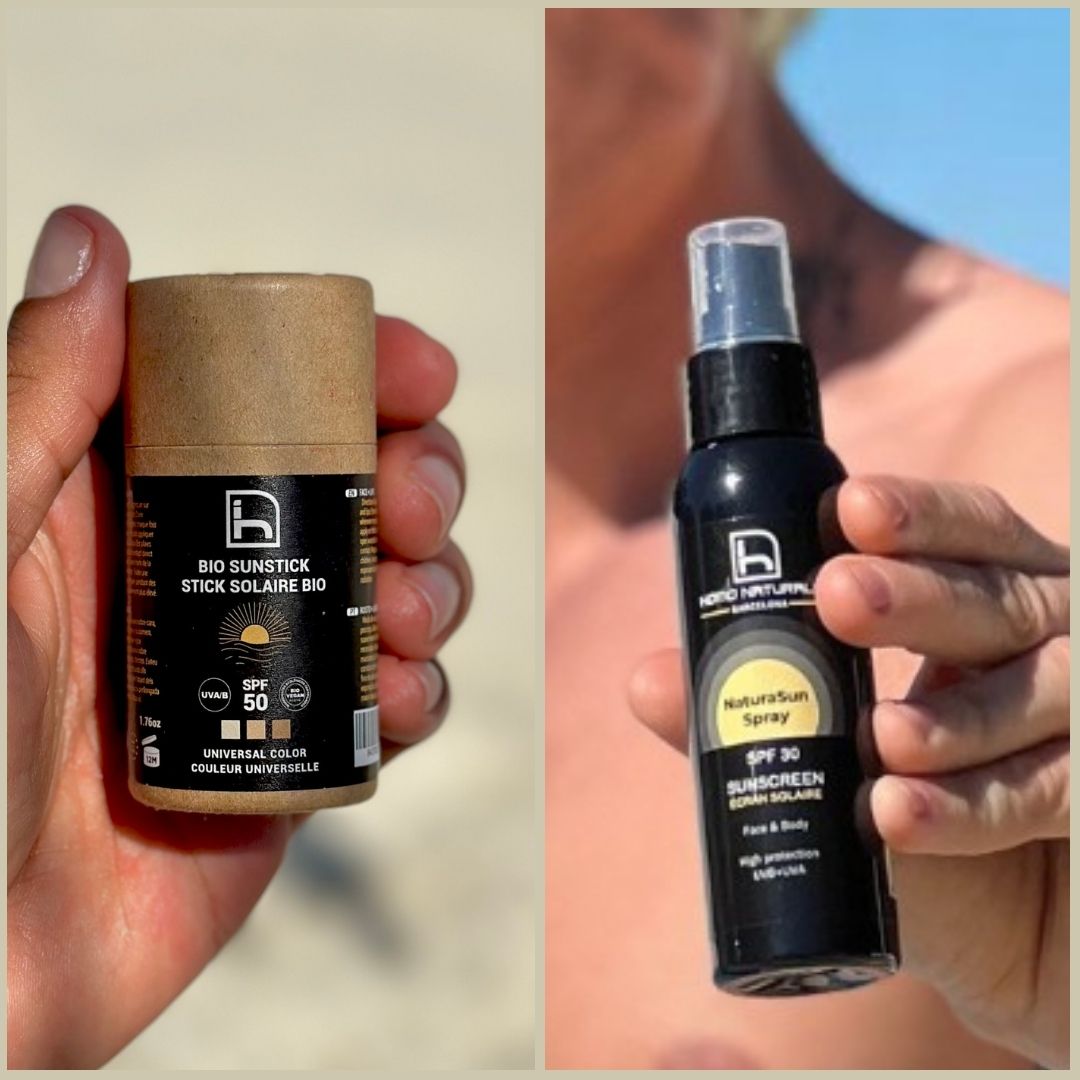 Protector solar natural para hombre SPF 50 en spray y en stick biodegradable. Facial y corporal.