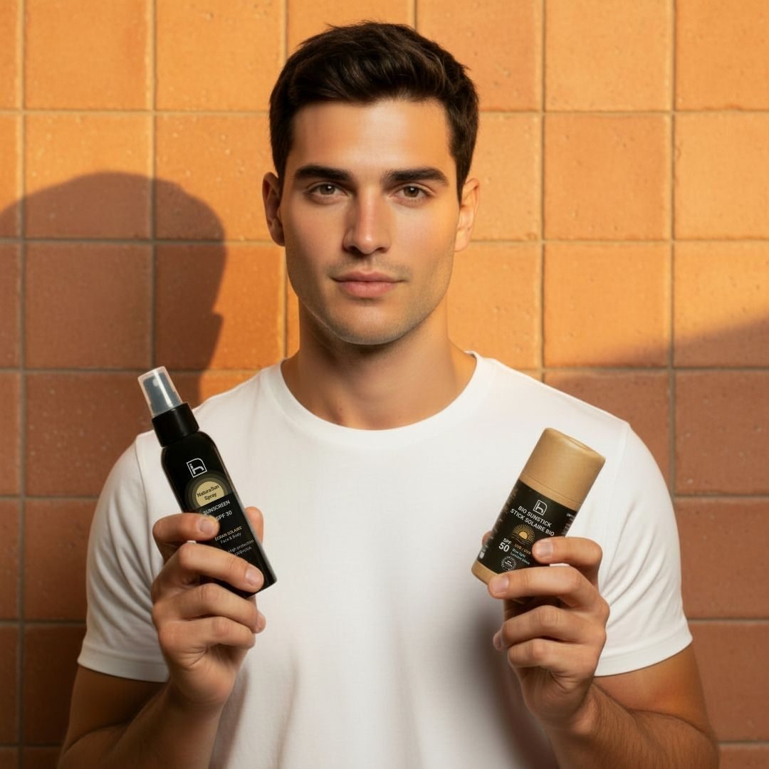 Protectores solares naturales para hombre en spray y en stick biodegradable. SPF 30 y 50. Sin parabenos.