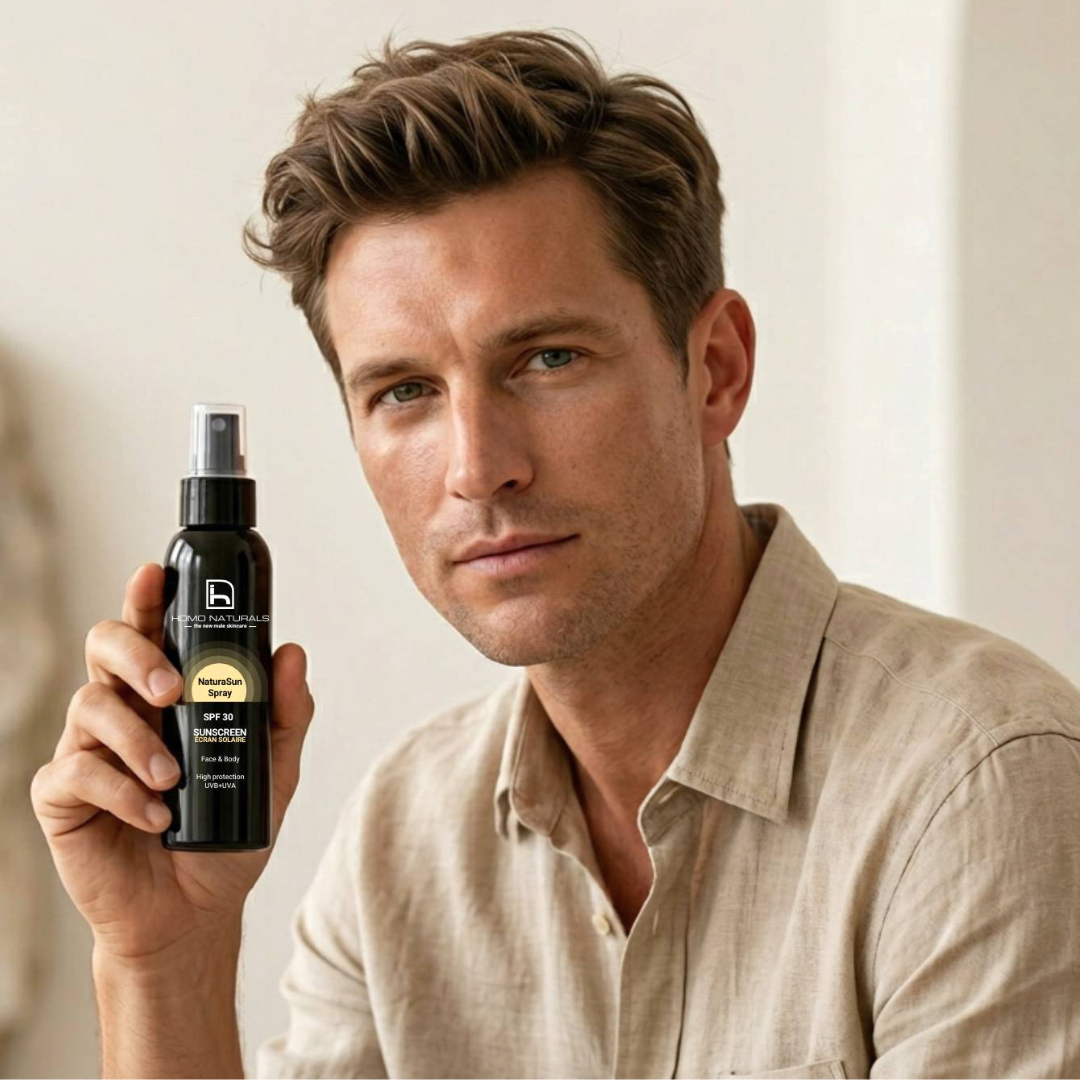 Protector solar natural en spray SPF 30 para hombre, protector solar facial y corporal de textura ligera, acabado sin brillos, fórmula vegana de rápida absorción para el cuidado diario de la piel del hombre.