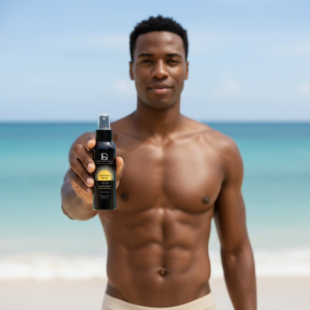 Protector solar natural en spray SPF 30 para hombre, protector solar facial y corporal de textura ligera, acabado sin brillos, fórmula vegana de rápida absorción para el cuidado diario de la piel del hombre.