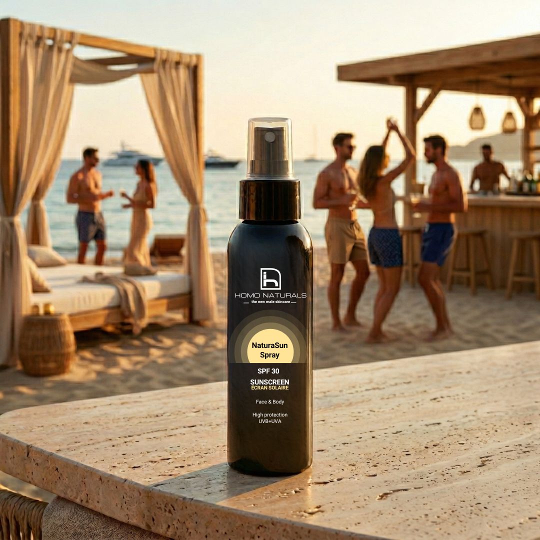 Protector solar natural en spray no deja rastro blanco.