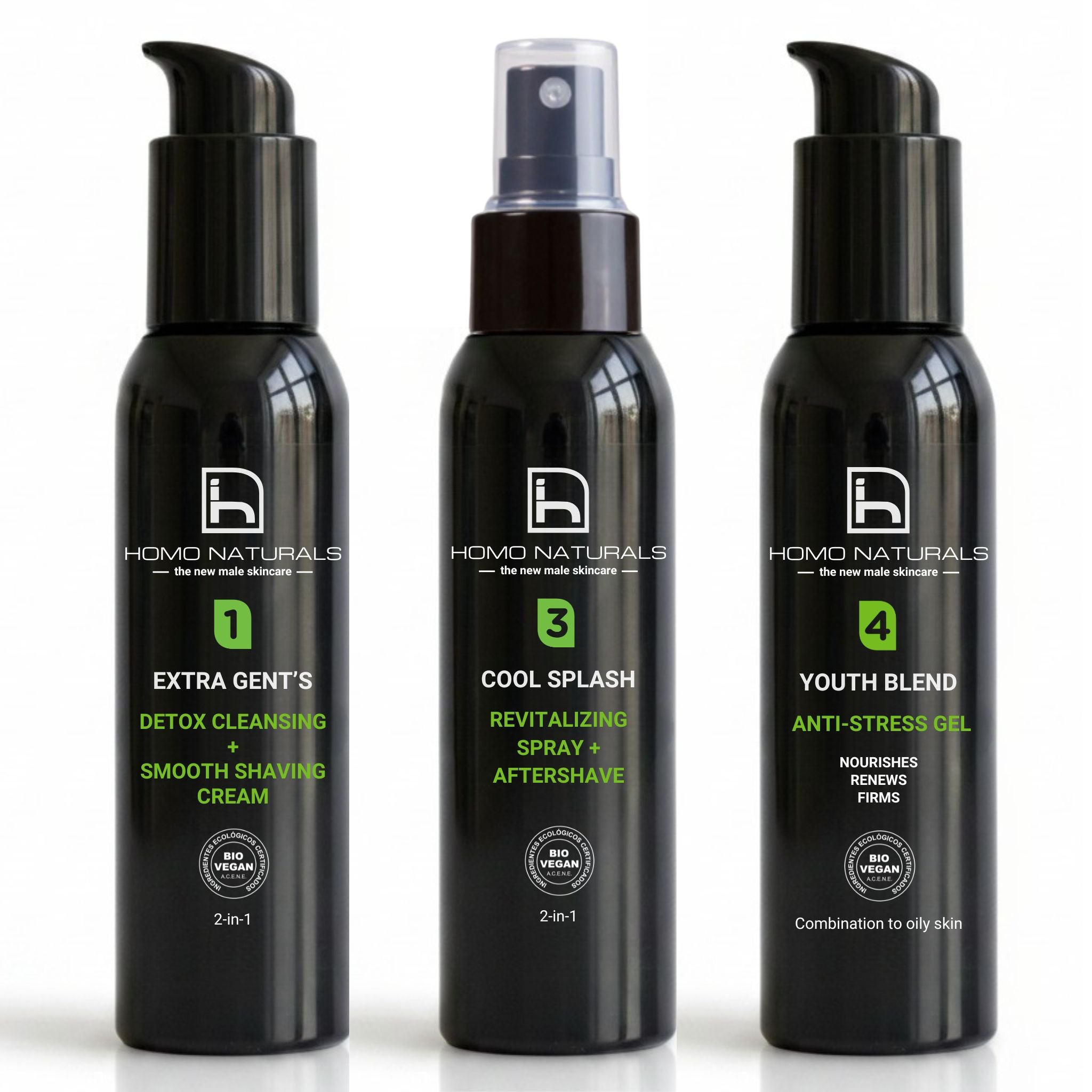 Tratamiento facial para hombre de la marca Homo Naturals, compuesto de limpiador facial, tónico revitalizante en spray y gel o crema antiedad según el tipo de piel. Tres productos ideales para uso diario. Fórmulas naturales con certificación bio + vegan para conseguir una piel más cuidada, hidratada, con aspecto más rejuvenecido y menos arrugas visibles.