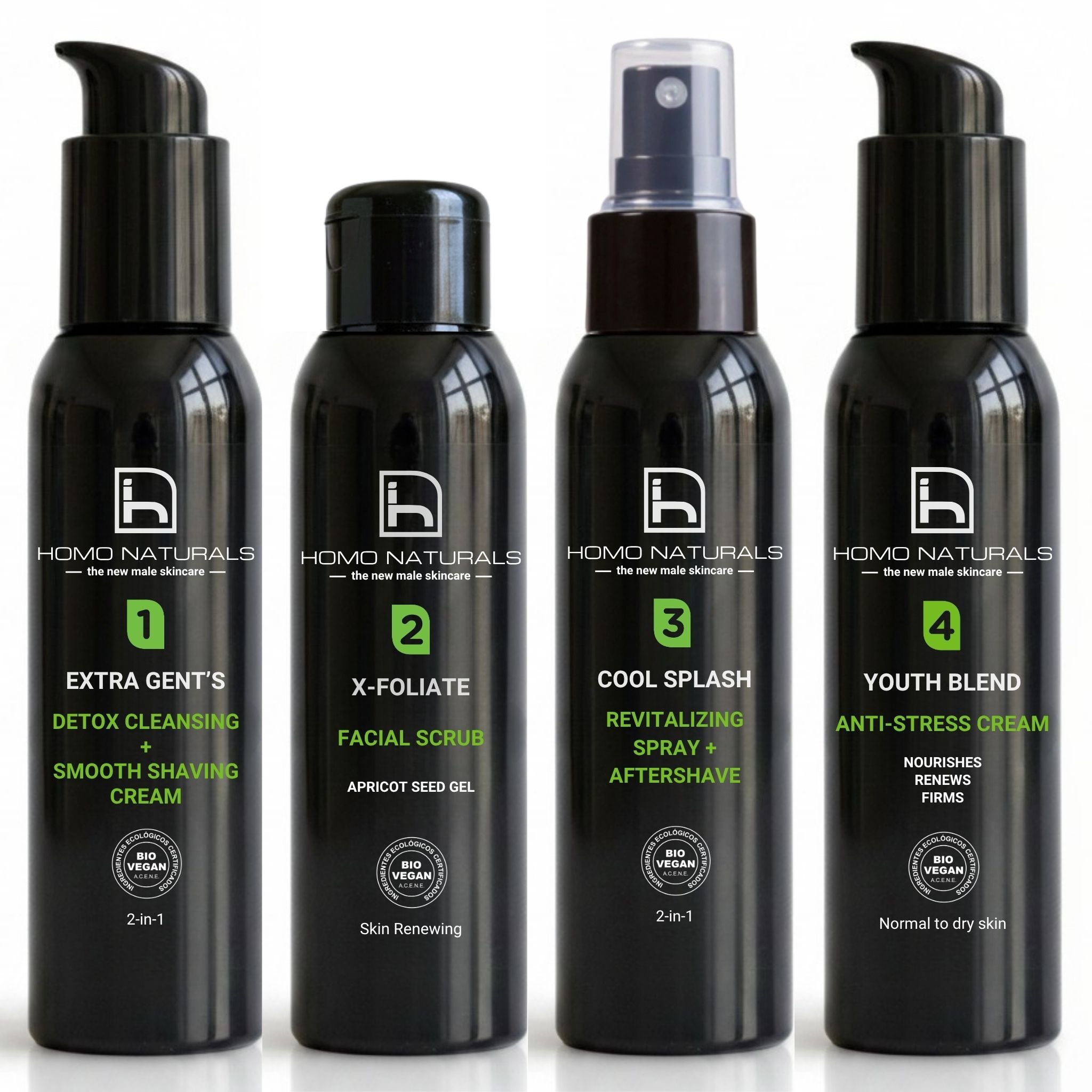 Kit tratamiento facial antiedad hombre. Limpiador facial, exfoliante, tónico y crema antiarrugas natural y ecológica para hombre.