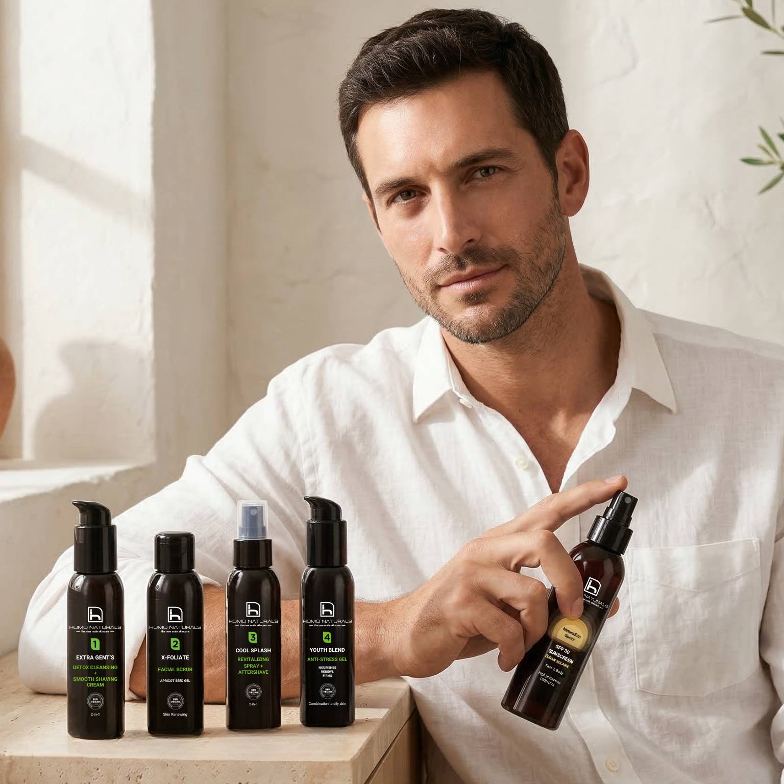 Tratamiento facial antiedad para hombre con crema antiedad y protector solar para una piel más protegida y cuidada.