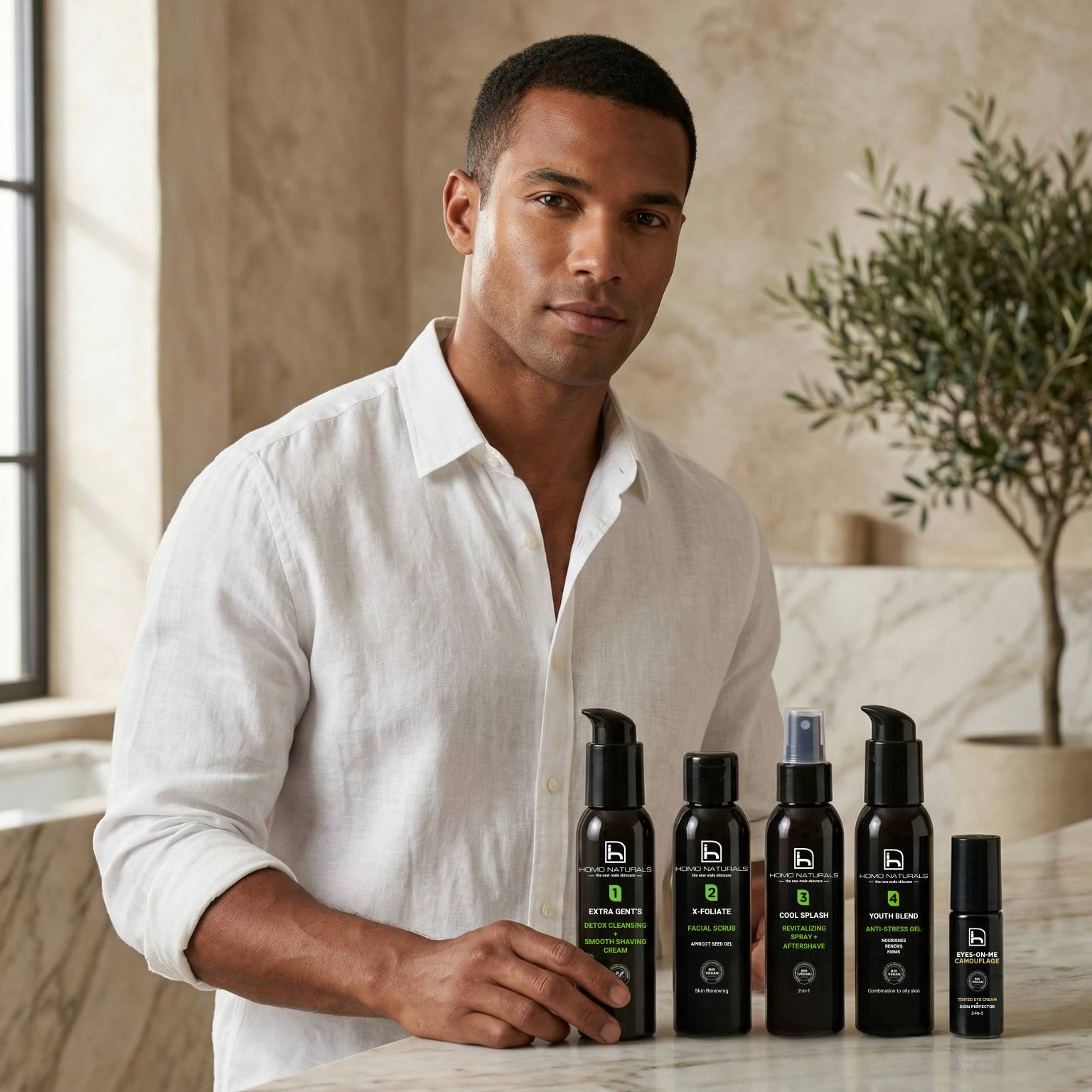 Tratamiento facial para hombre con corrector de ojeras que ayuda a reducir signos de cansancio en la mirada.