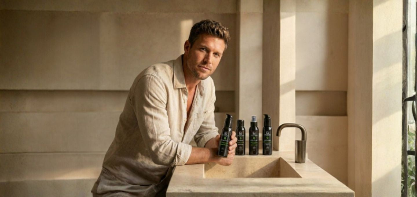 Productos naturales de skincare para hombre. Fórmulas antiedad y antienvejecimiento cutáneo. Con ácido hialurónico, Bakuchiol y péptidos. Certificación ecológica y vegana.