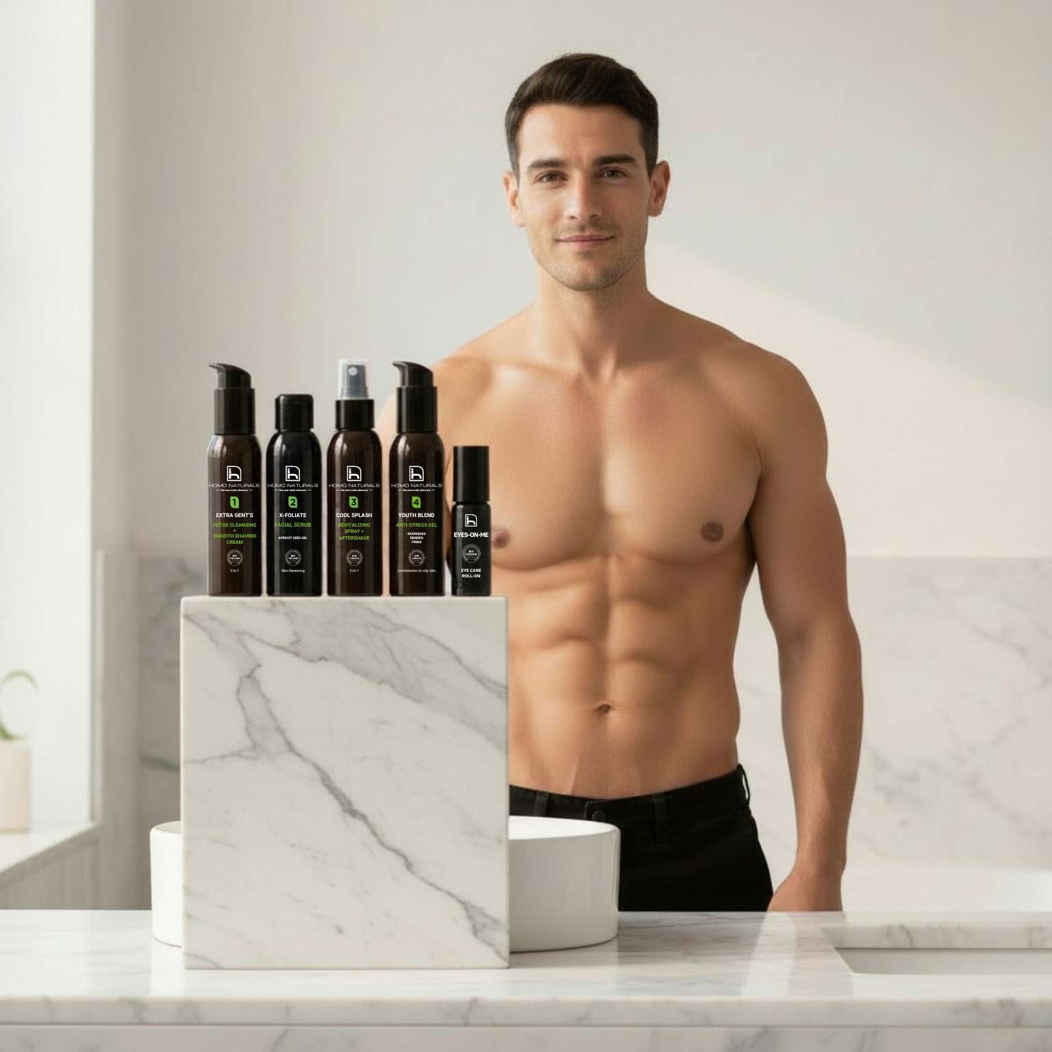 Tratamiento facial antiedad para hombre que ayuda a reducir bolsas en los ojos y signos de cansancio.