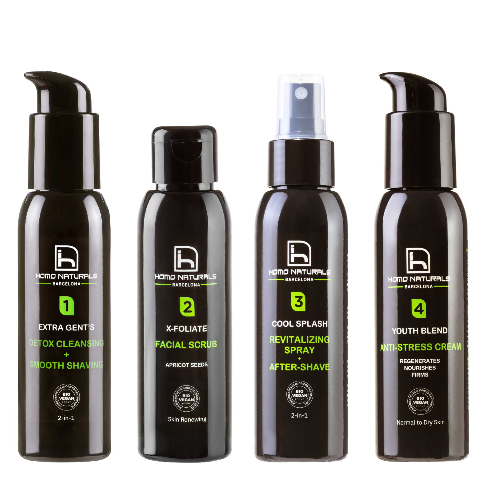 Kit tratamiento facial antiedad hombre. Limpiador facial, exfoliante, tónico y crema antiarrugas natural y ecológica para hombre.
