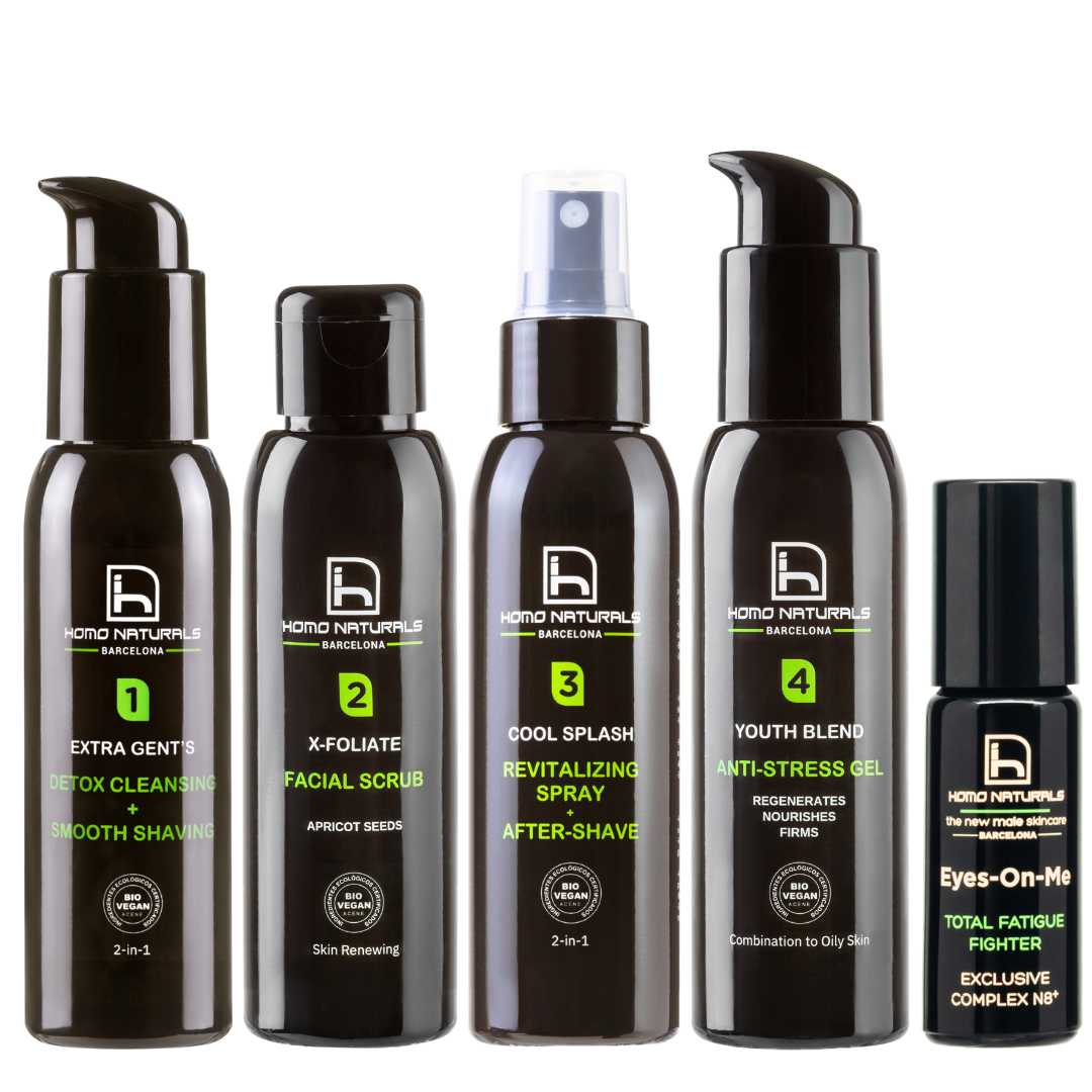 Kit cuidado facial hombre con crema antiarrugas piel grasa y contorno de ojos para quitar ojeras.