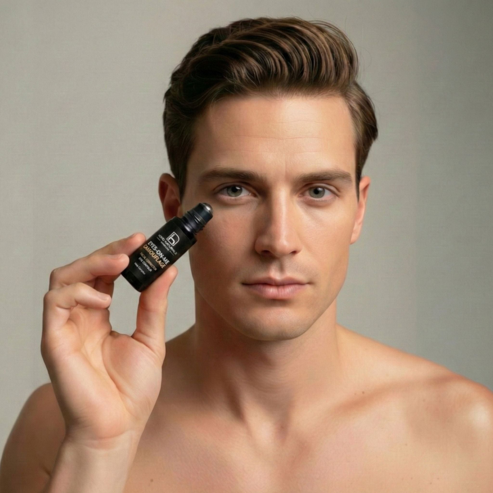 Hombre aplicando Eyes-On-Me Camouflage de Homo Naturals sobre el contorno de los ojos para ayudar a reducir visualmente el aspecto de las ojeras.