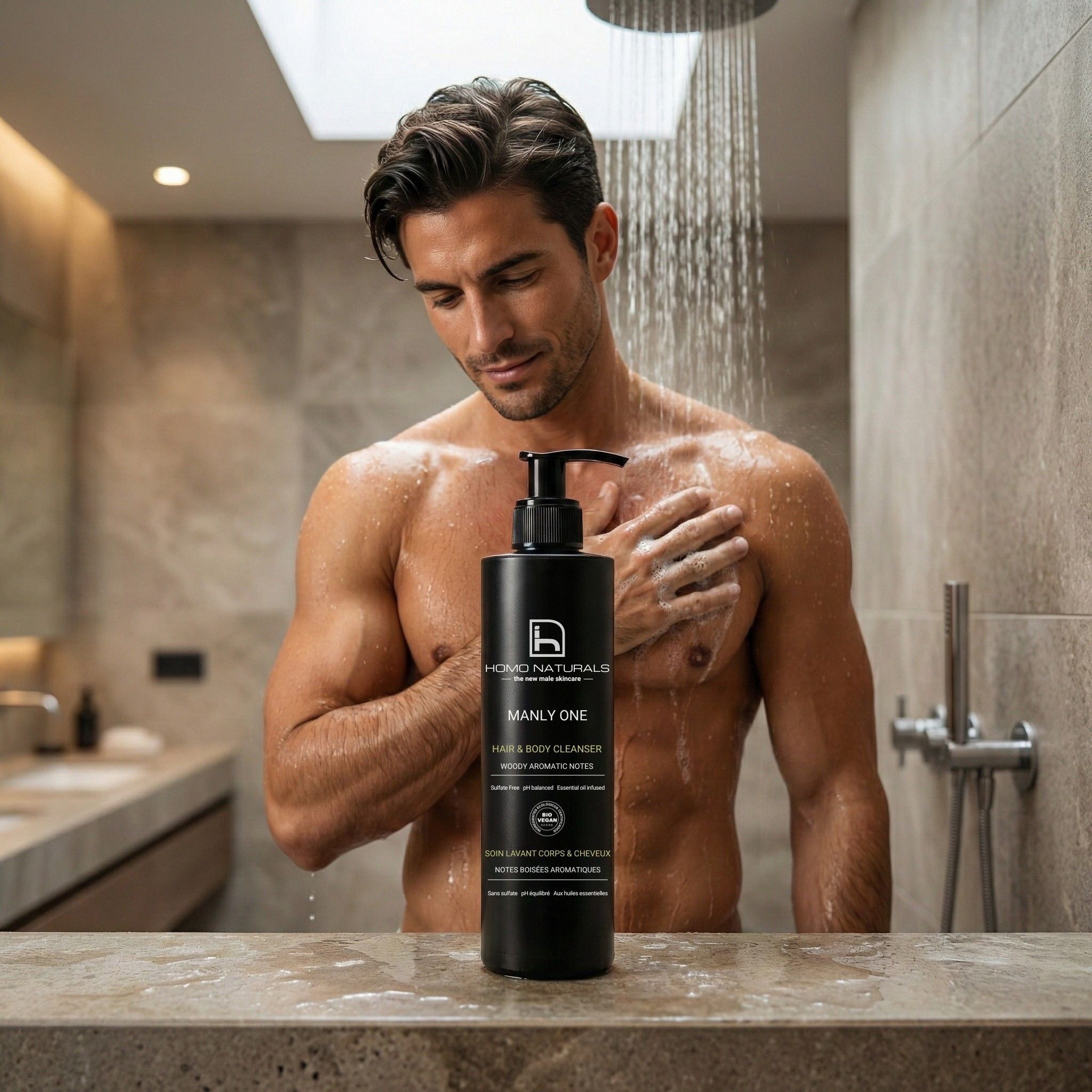 Hombre utilizando gel de ducha Manly One de Homo Naturals durante su rutina diaria de higiene para limpiar la piel y el cabello. Gel de baño natural formulado sin sulfatos, con pH 5 para un efecto dermoprotector y para usar en pieles sensibles. Con manzanilla y caléndula ecológicas. Certificado bio + vegan.