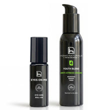 Kit antiedad para hombre de Homo Naturals con crema antiedad Anti-Stress y contorno de ojos Eyes-On-Me para ayudar a mejorar el aspecto de arrugas, patas de gallo y signos visibles de la edad.