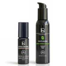 Kit de crema antiedad y corrector de ojeras para hombre de Homo Naturals con Anti-Stress y Eyes-On-Me Camouflage para ayudar a mejorar el aspecto de arrugas, bolsas y ojeras.
