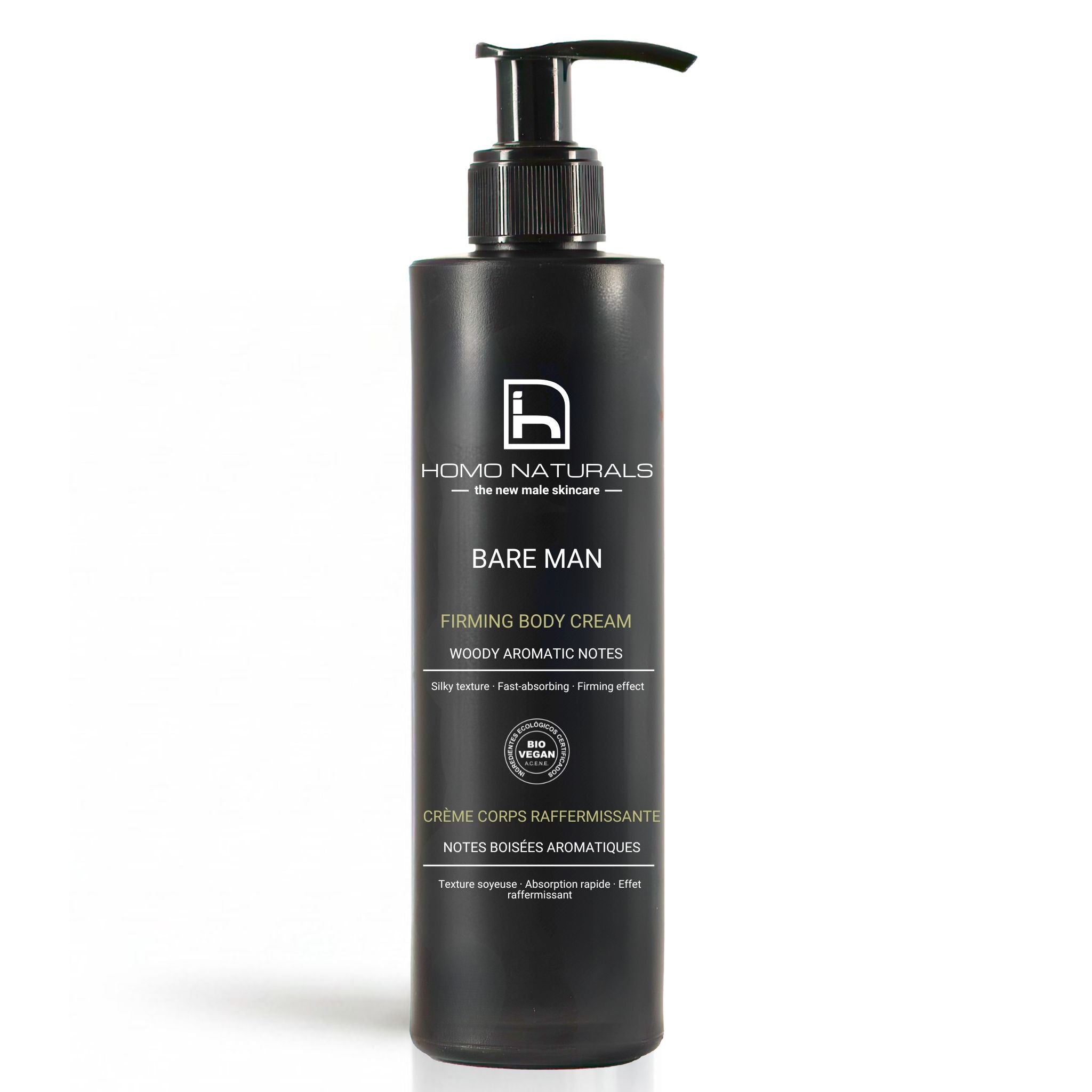 Crema corporal para hombre Bare Man de Homo Naturals. Formulada para hidratar la piel y ayudar a mantenerla suave y confortable. 100% natural, sin derivados del petroleo, sin parabenos. Con certificación bio + vegan.