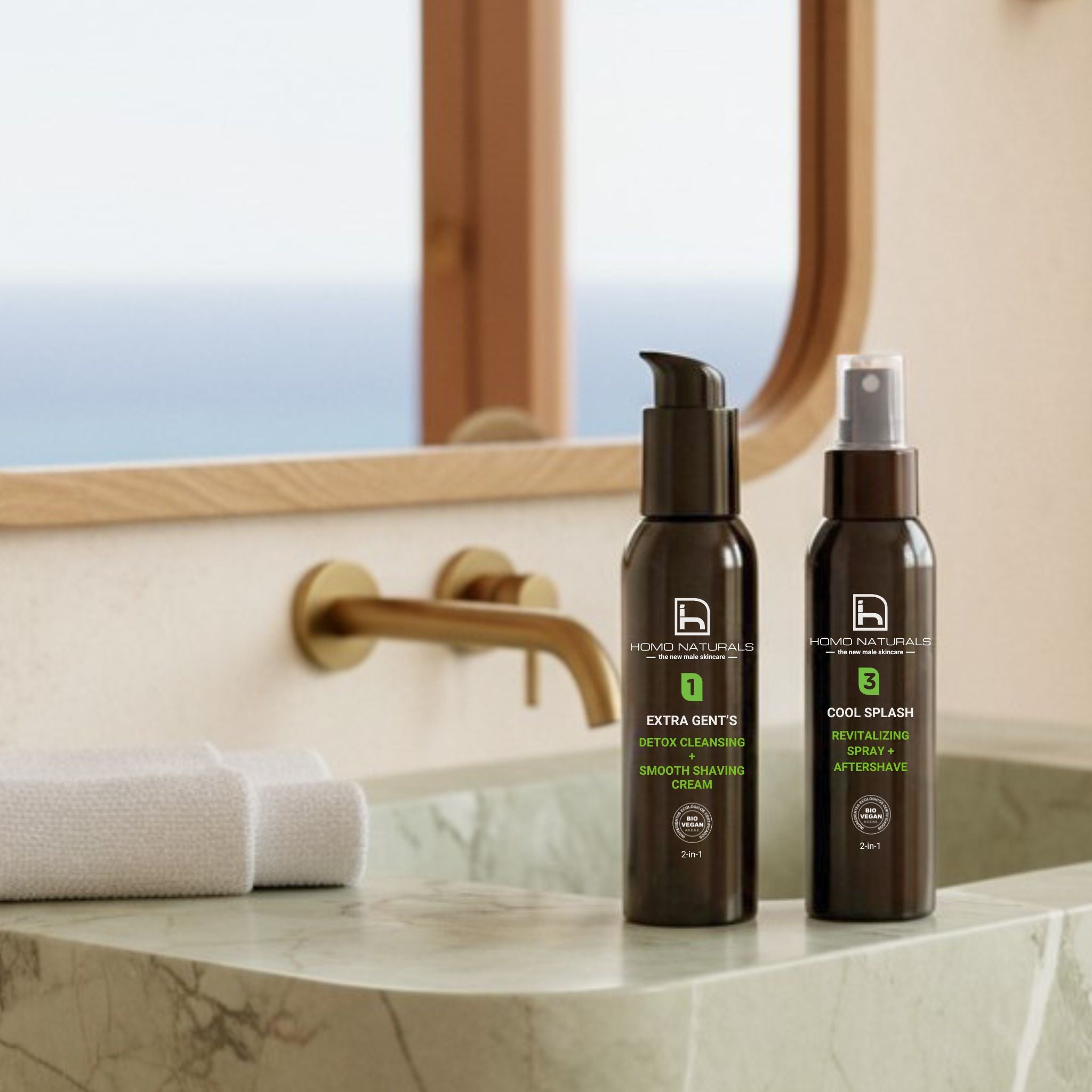 Kit de afeitado de Homo Naturals con crema de afeitado y after-shave para hombre diseñado para una rutina de afeitado completa y respetuosa con la piel. Productos sin sulfatos, sin alcohol y 100% naturales. Certificación bio + vegan.