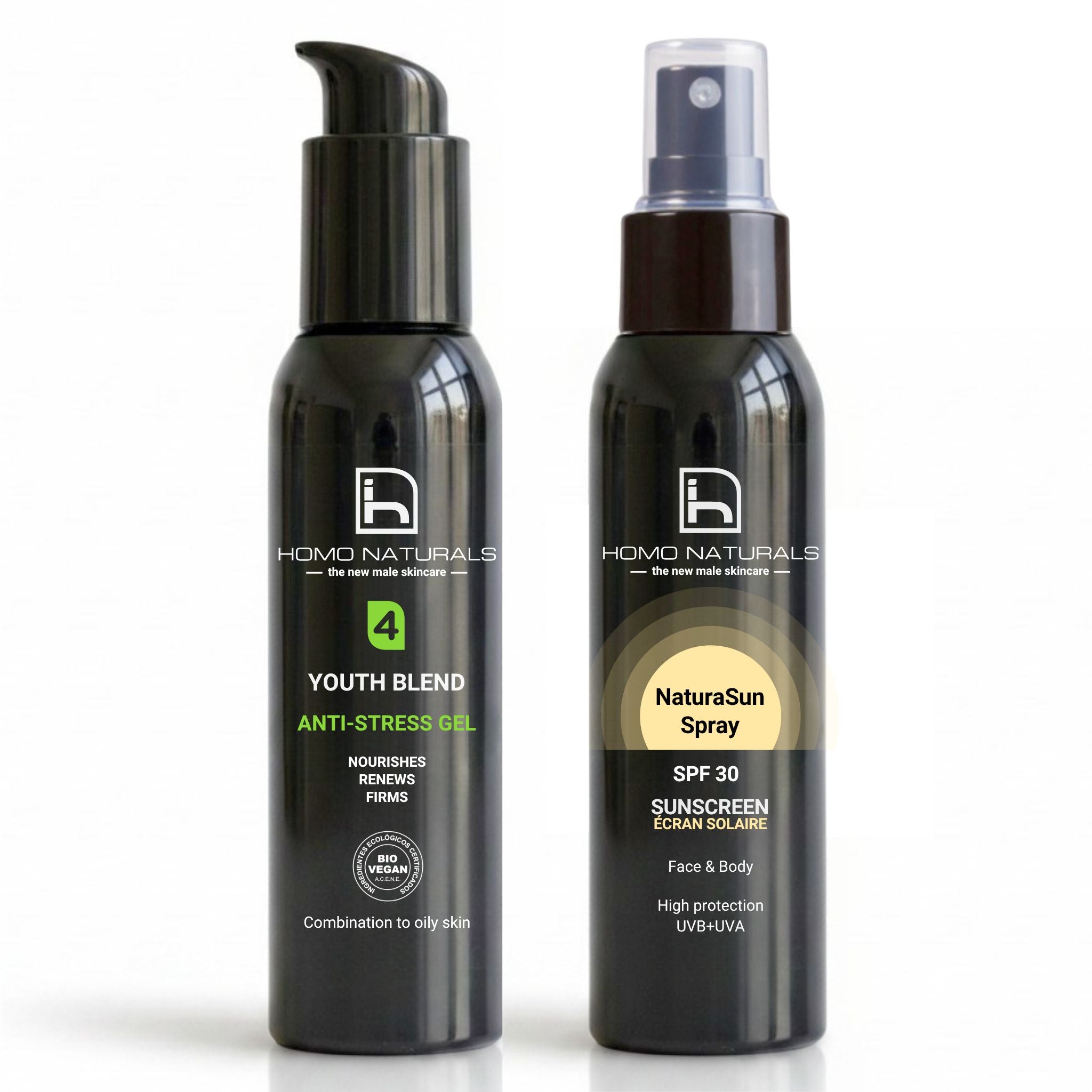 Kit de dos productos de skincare para hombre compuesto de crema facial a escoger según el tipo de piel, y protector solar en spray. Productos naturales con texturas ligeras formulados para la piel del hombre.