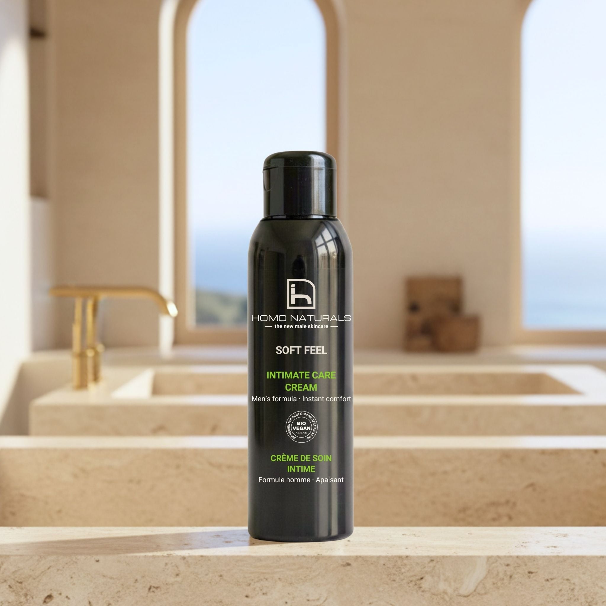 Crema íntima de Homo Naturals para hombre diseñada para ayudar a hidratar y aportar confort a la zona íntima masculina. Sin derivados del petróleo. Sin parabenos. Sin siliconas. Certificada bio + vegan. 