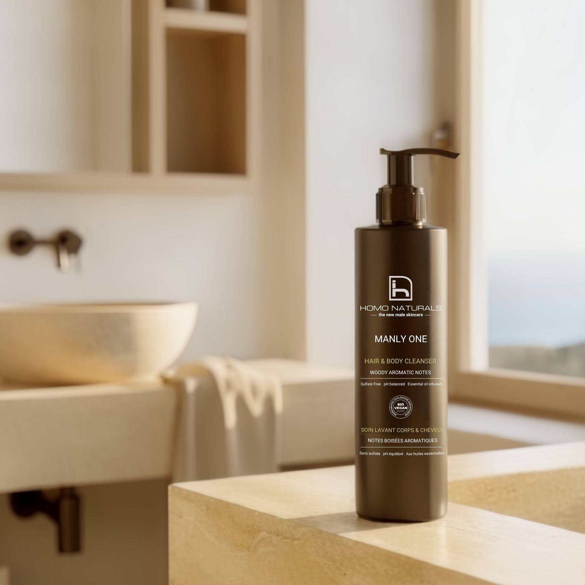 Manly One de Homo Naturals, gel de ducha natural sin sulfatos para el cuidado diario de la piel y el cabello del hombre. Función 2-en-1, gel de ducha + champú. Sin derivados del petróleo. Apto para piel sensible. Dermoprotector. Con aloe vera bio, manzanilla bio y caléndula bio. Con certificación bio + vegan.