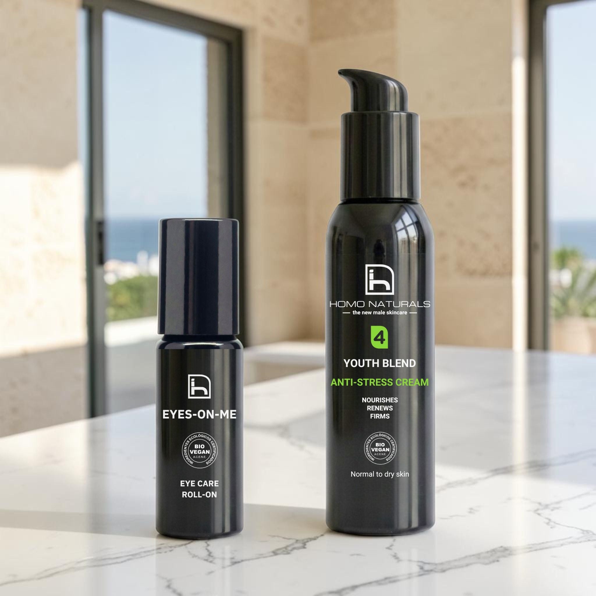 Kit antiedad para hombre de Homo Naturals con crema facial antiedad y contorno de ojos, diseñado para cuidar el rostro, las arrugas y la zona del contorno de ojos en una rutina facial completa.