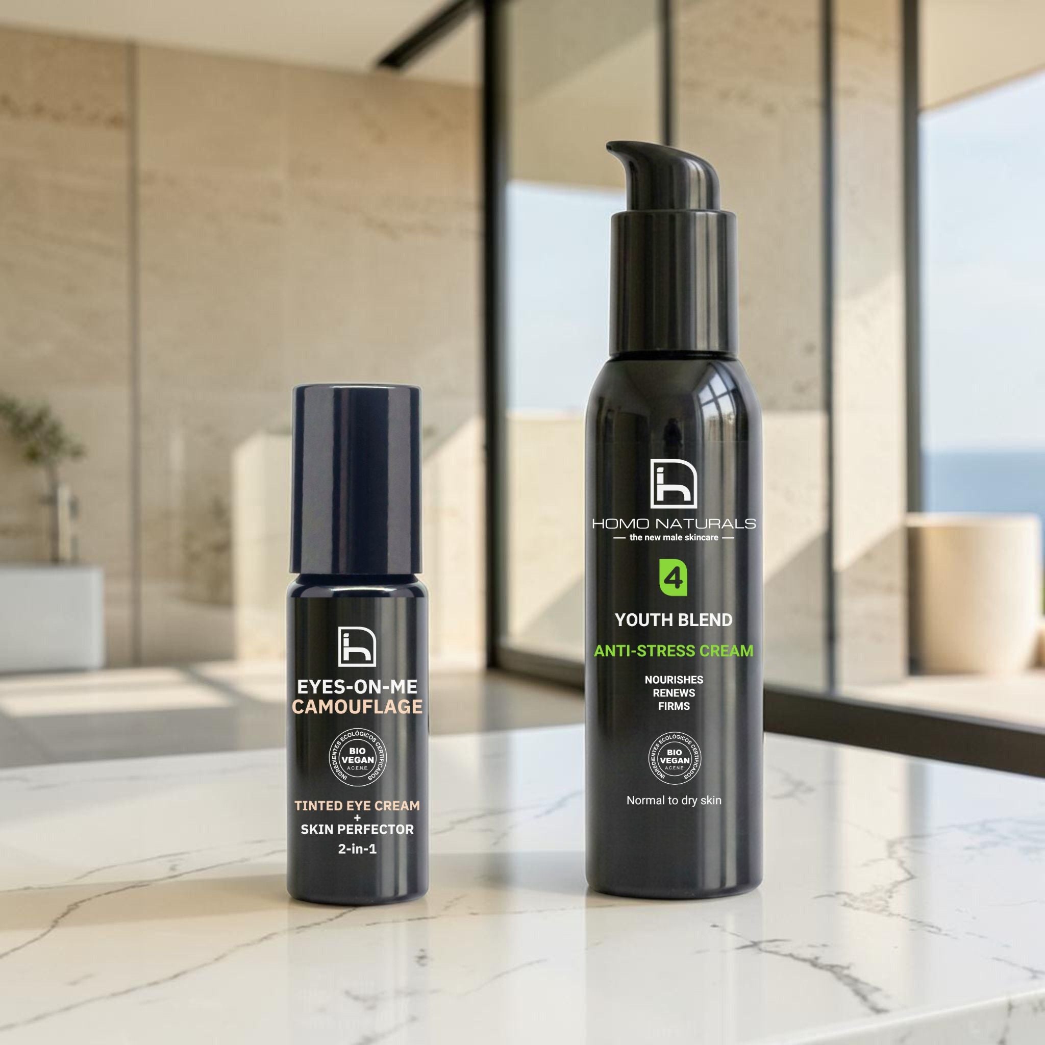 Kit de Homo Naturals con crema antiedad y corrector facial para hombre, diseñado para ayudar a mejorar el aspecto de arrugas, bolsas y ojeras en la piel del hombre.