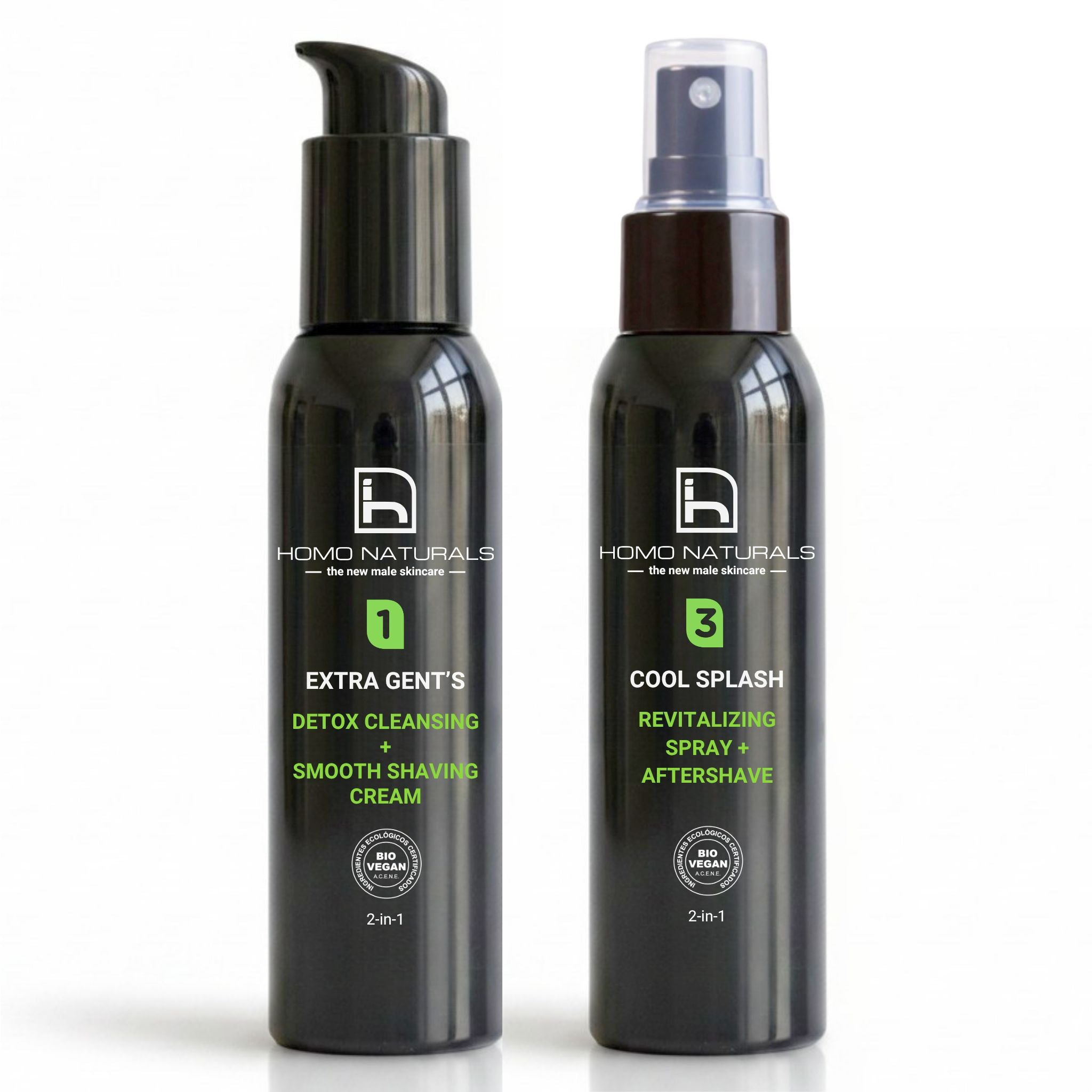 Kit de afeitado para hombre de Homo Naturals con crema de afeitado Extra Gent's y after-shave Cool Splash para preparar la piel, facilitar el afeitado y ayudar a refrescar el rostro después del afeitado. Productos naturlales sin sulfatos, sin alcohol y sin derivados del petróleo.