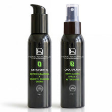 Kit de afeitado para hombre de Homo Naturals con crema de afeitado Extra Gent's y after-shave Cool Splash para preparar la piel, facilitar el afeitado y ayudar a refrescar el rostro después del afeitado. Productos naturlales sin sulfatos, sin alcohol y sin derivados del petróleo.