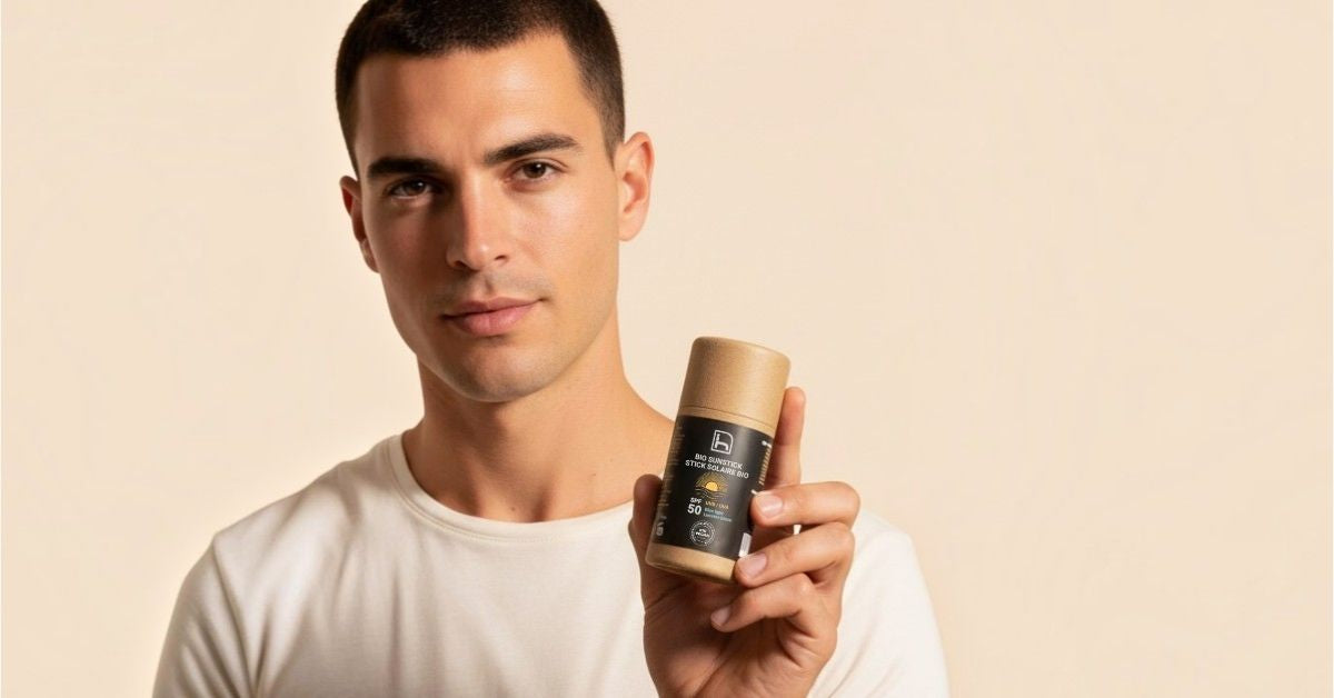 Hombre sosteniendo un protector solar en stick de 50 gramos, ideal para el rostro, labios y zonas localizadas. Sin filtro químico. Solo con filtro físico. Sin perturbadores endocrinos. SPF 50. Certificado bio + vegan. La protección solar más natural y ecológica.
