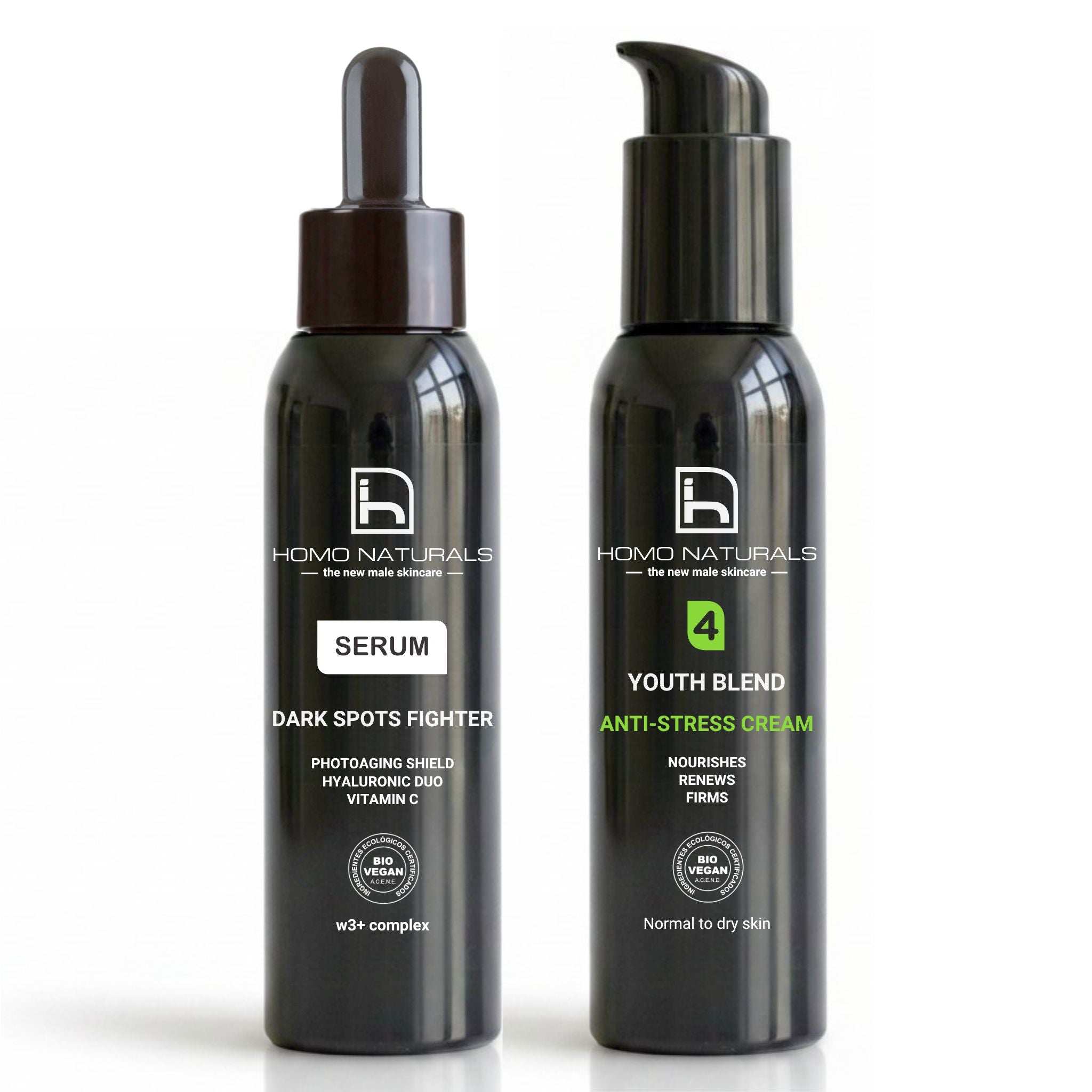 Kit de cuidado facial para hombre de Homo Naturals compuesto de serum antiedad y antimanchas, y crema antiarrugas con bakuchiol, el retinol natural, péptidos reafirmantes, ácido hialurónico de bajo peso molecular, vitaminas C y E, y activos botánicos de primera calidad. Productos naturales con certificación bio + vegan.