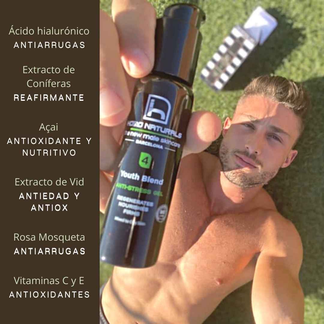 Crème hydratante naturelle pour hommes. Avec de l'acide hyaluronique. Sans parabènes ni autres dérivés du pétrole. Formule nourrissante, raffermissante et anti-rides. Certifié biologique.