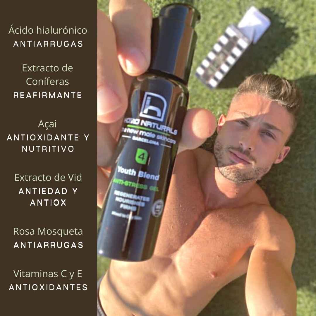 Crema hidratante hombre natural. Con ácido hialurónico. Sin parabenos, ni otros derivados del petróleo. Fórmula nutritiva, reafirmante y antiarrugas. Certificada ecológica.