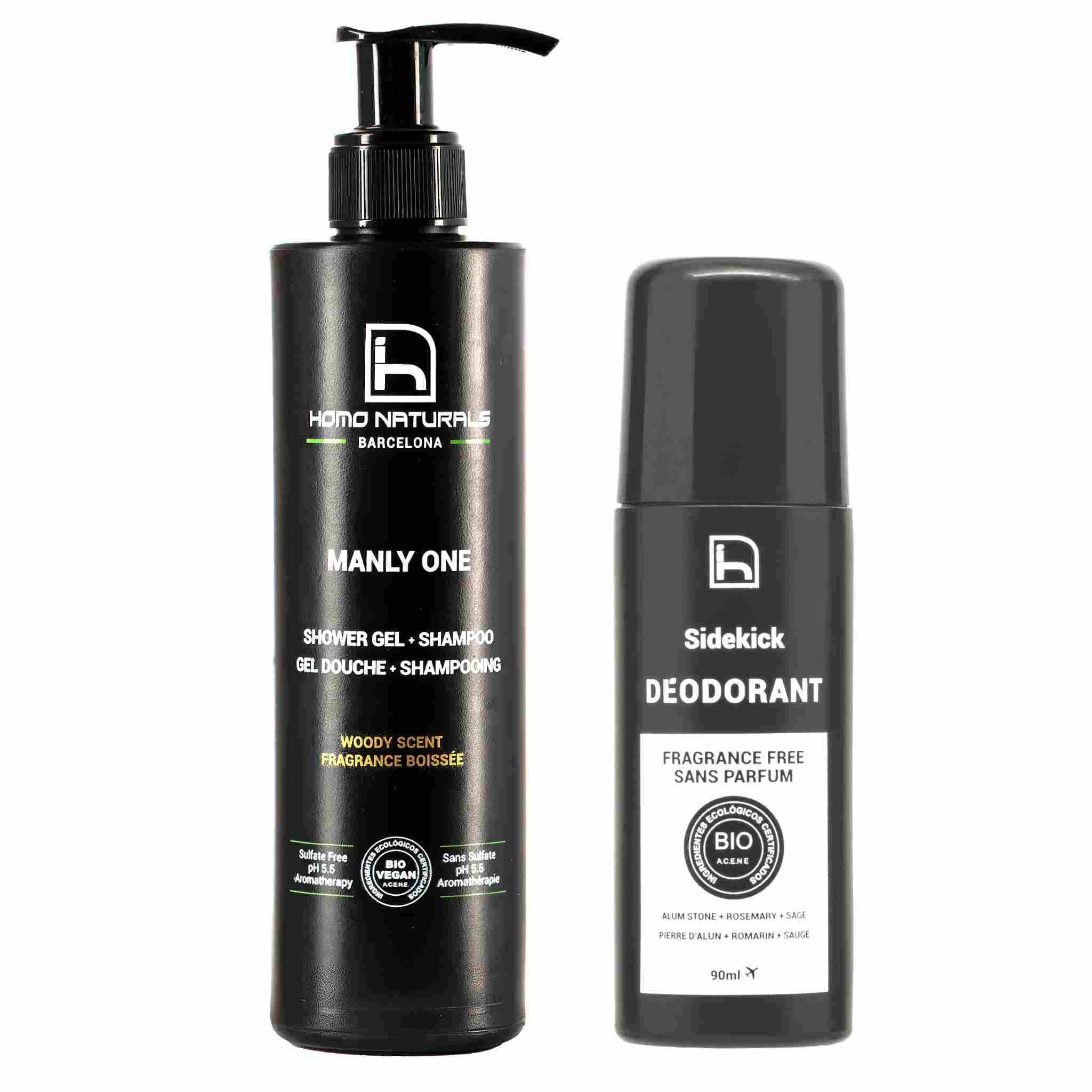 Fragrance-free deodorant and natural shower gel for men