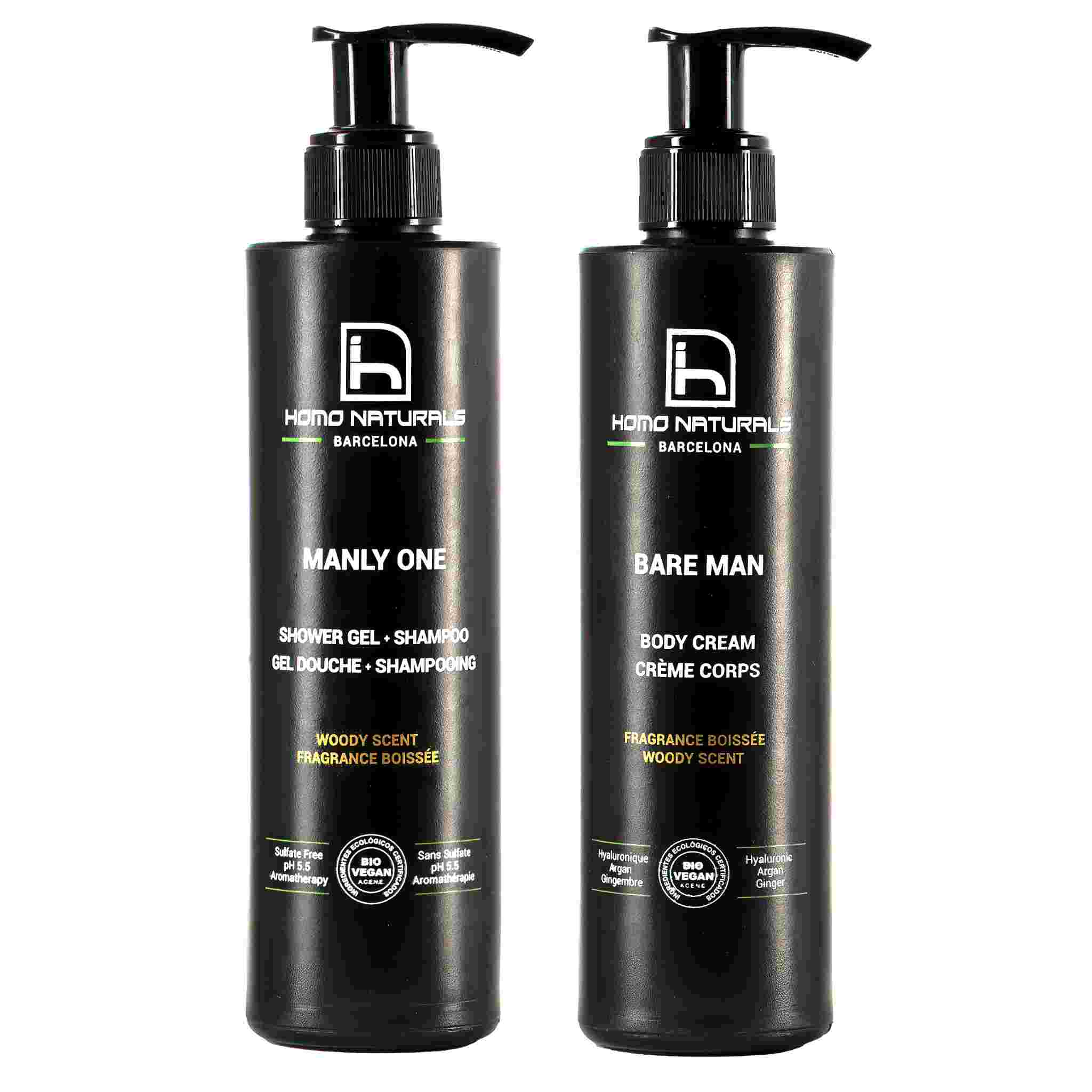 Shower gel and body cream kit for men. Natural and organic body care products for men