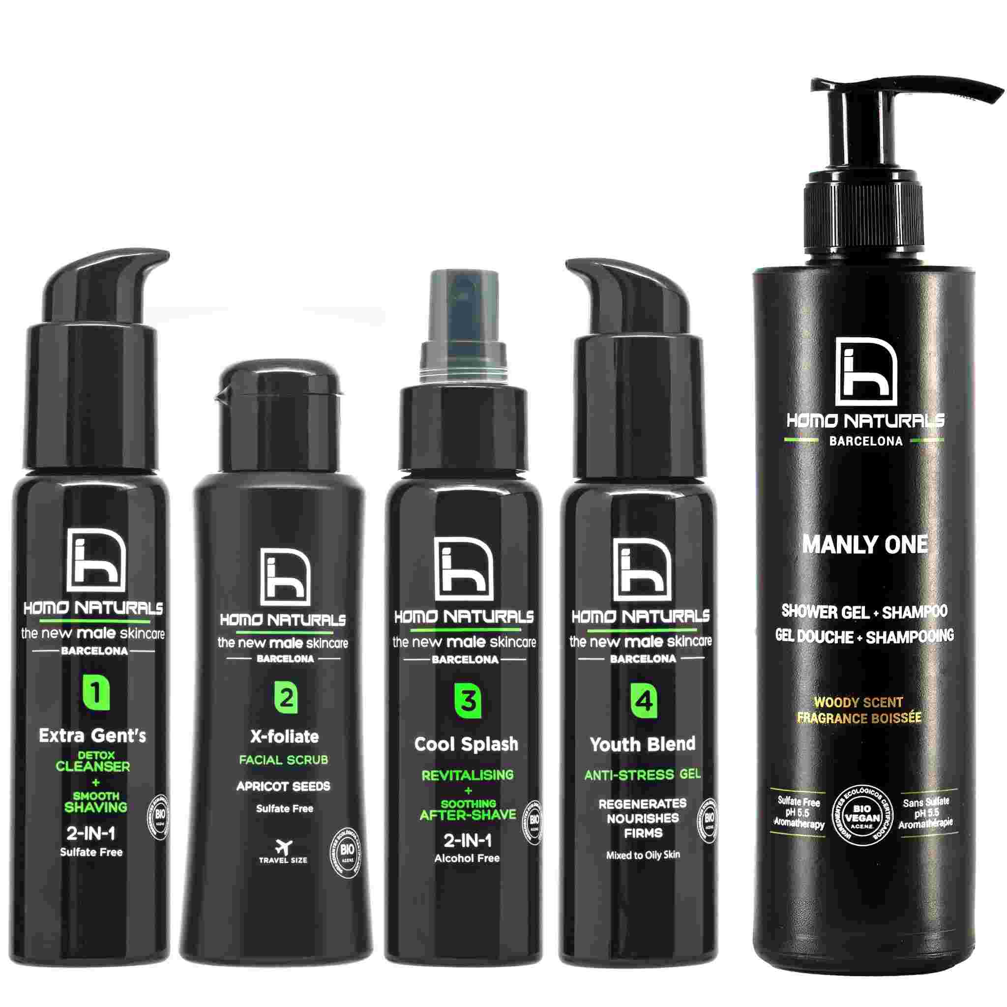 Men's facial care kit with anti-wrinkle cream for oily skin and shower gel.